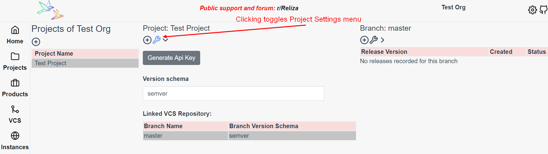 Reliza Hub - Wrench Icon To Open Project Settings