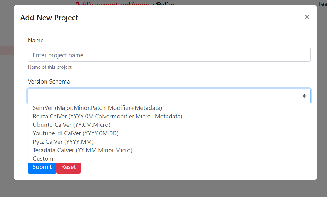 Add New Project - Select Project Version Menu in Reliza Hub